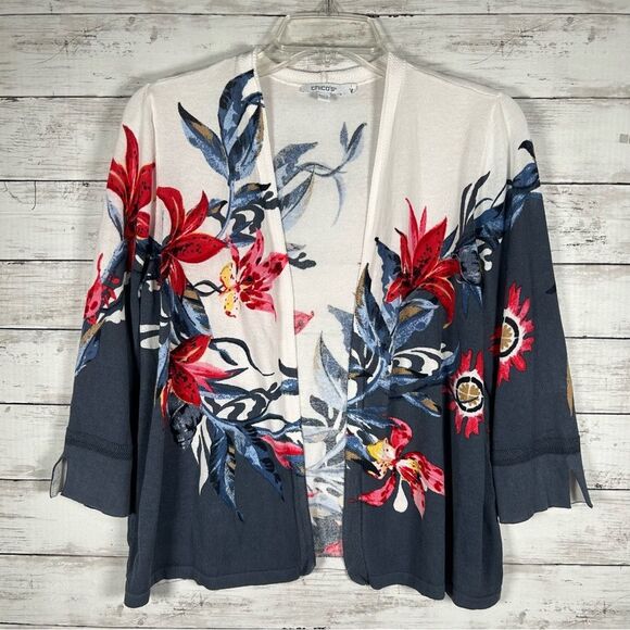 Chico’s Summer Floral Short Cotton Nylon Lightweight Cardigan Sweater 1 S - Picture 2 of 6